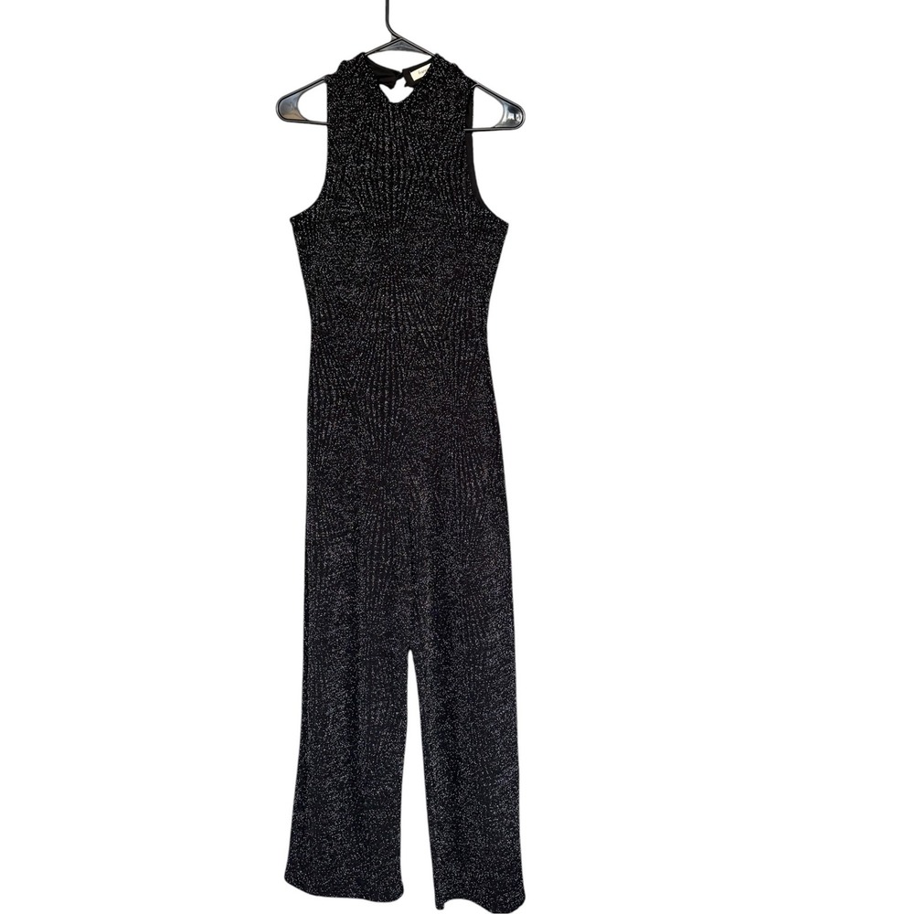Francesca's Jumpsuit Womens Small Black Metallic Glitter High Neck Party Dressy